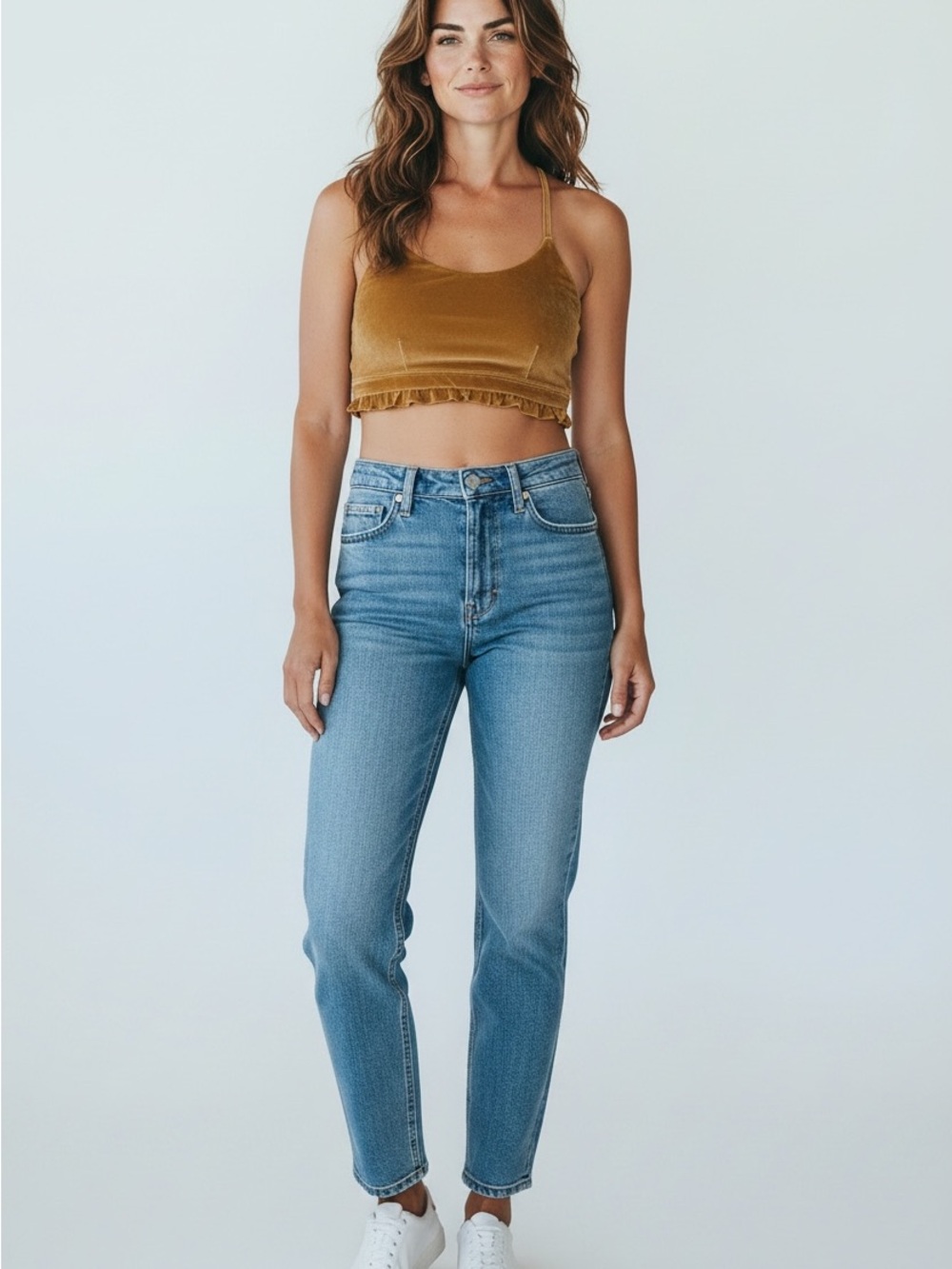 Joy Lab Mustard Ruffle Sports Bra Braided Straps Acid Wash